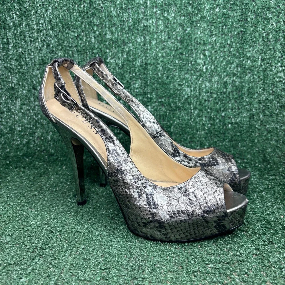 GUESS Snakeskin Peep Toe Slingback Platform Stiletto Heel Pewter Womens Size 7.5